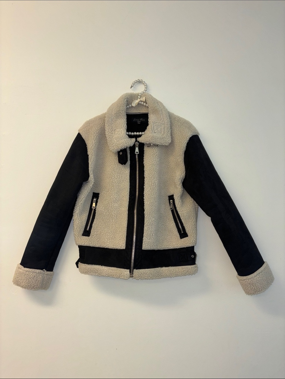 Love Tree Womens chore coat Teddy Two Tone Sherpa Pea Coat Cream Black Sz Med